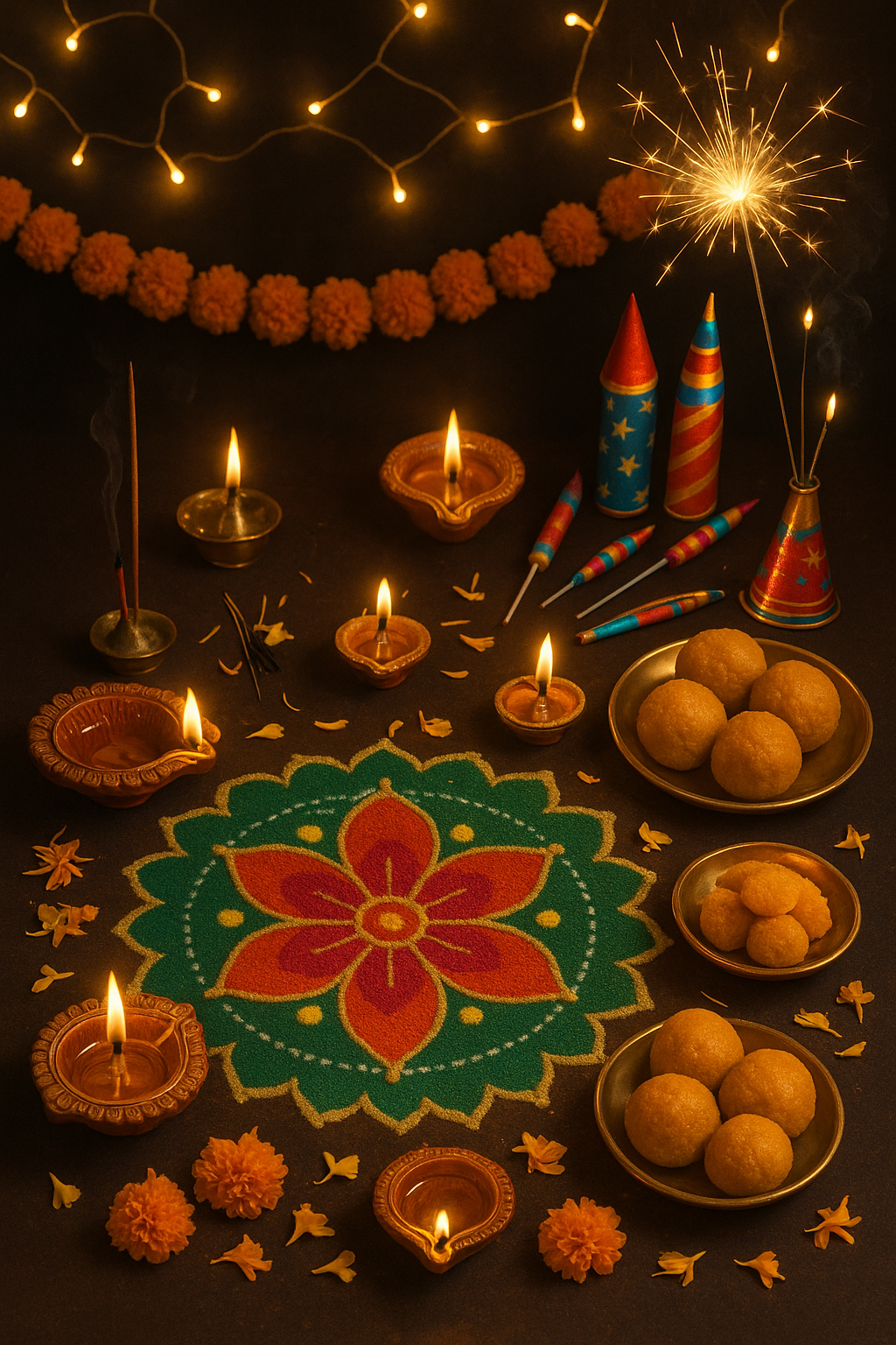 Diwali celebration with diyas, rangoli, sweets and decorations